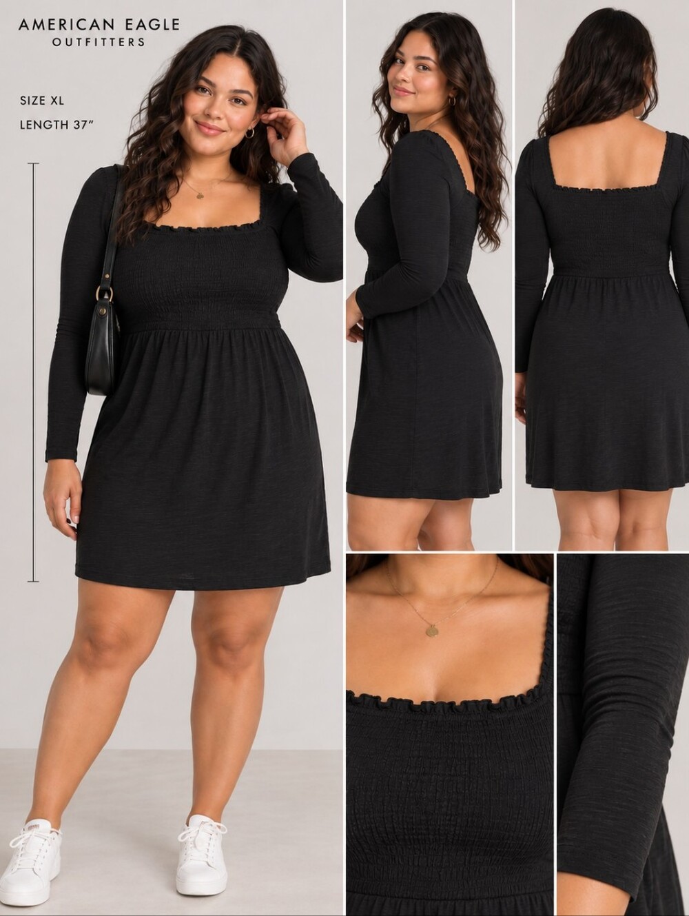American Eagle NWT Black Smocked Square Neck Long Sleeve Dress – XL